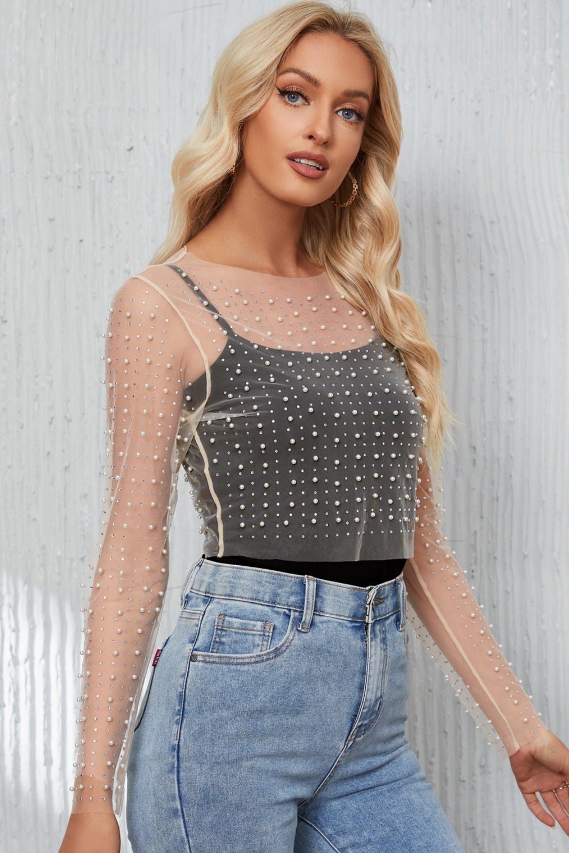 Pearl Long Sleeve Mesh Cropped Top - Bella Blue Styles