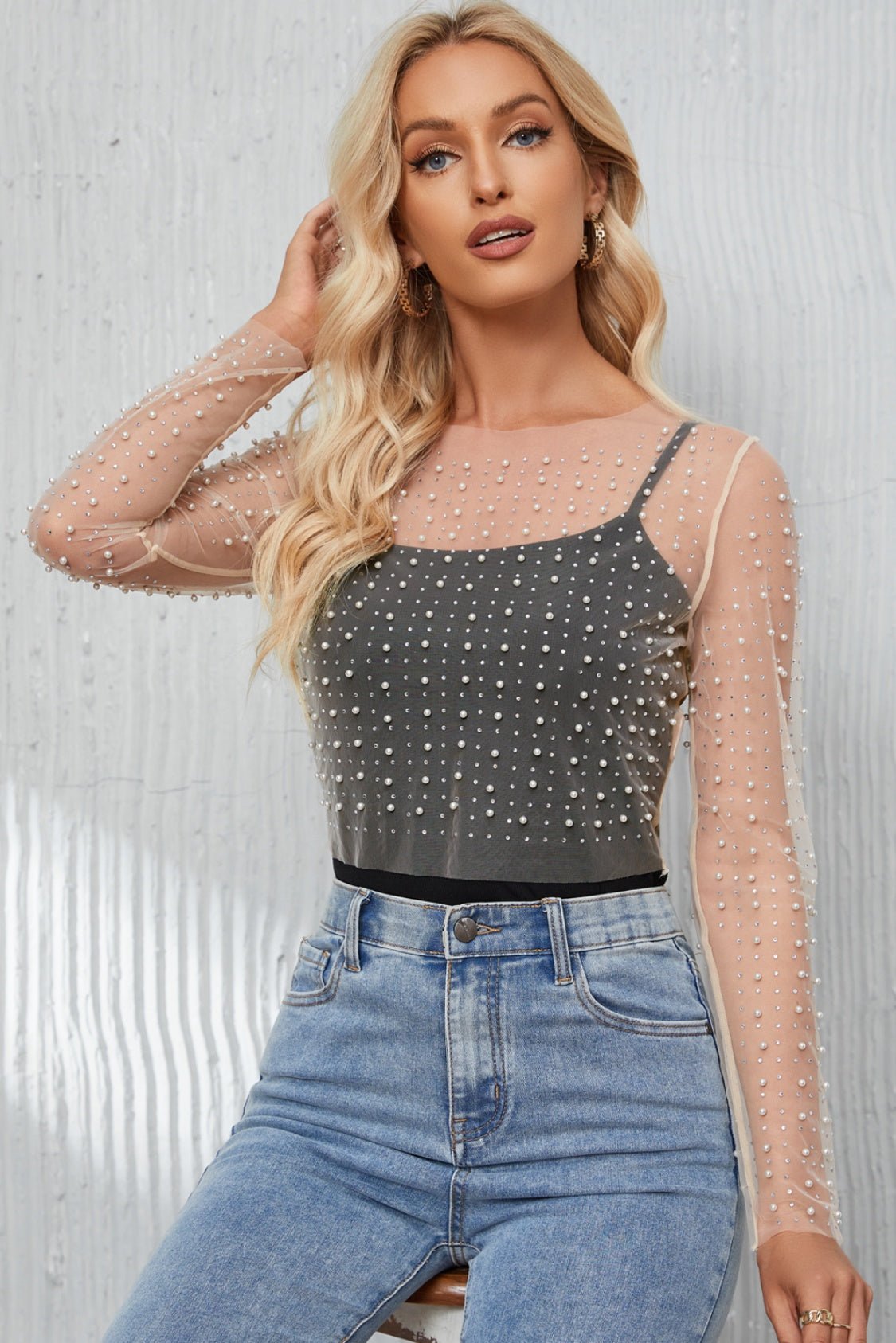 Pearl Long Sleeve Mesh Cropped Top - Bella Blue Styles