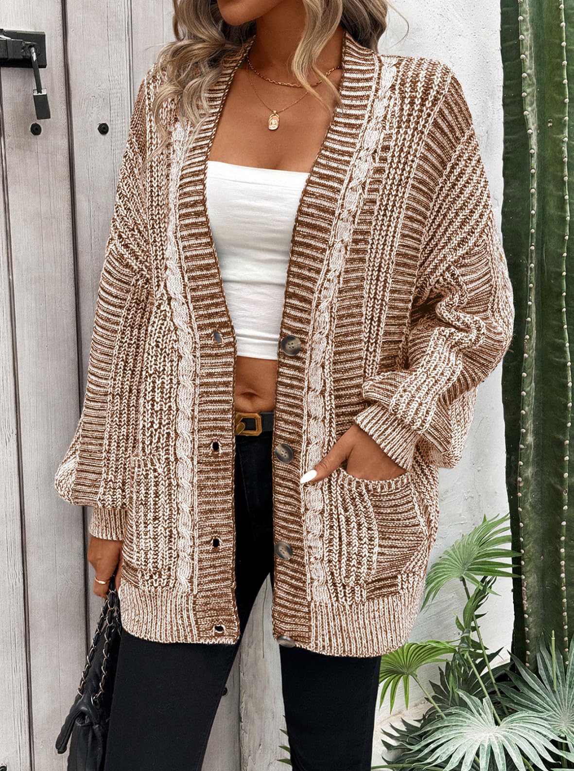 Pink Queen Open Front Button Down Sweater Puff Long Sleeve Cozy Cardigans Cable Knit Chunky Outwear Coats Coffee M - Bella Blue Styles