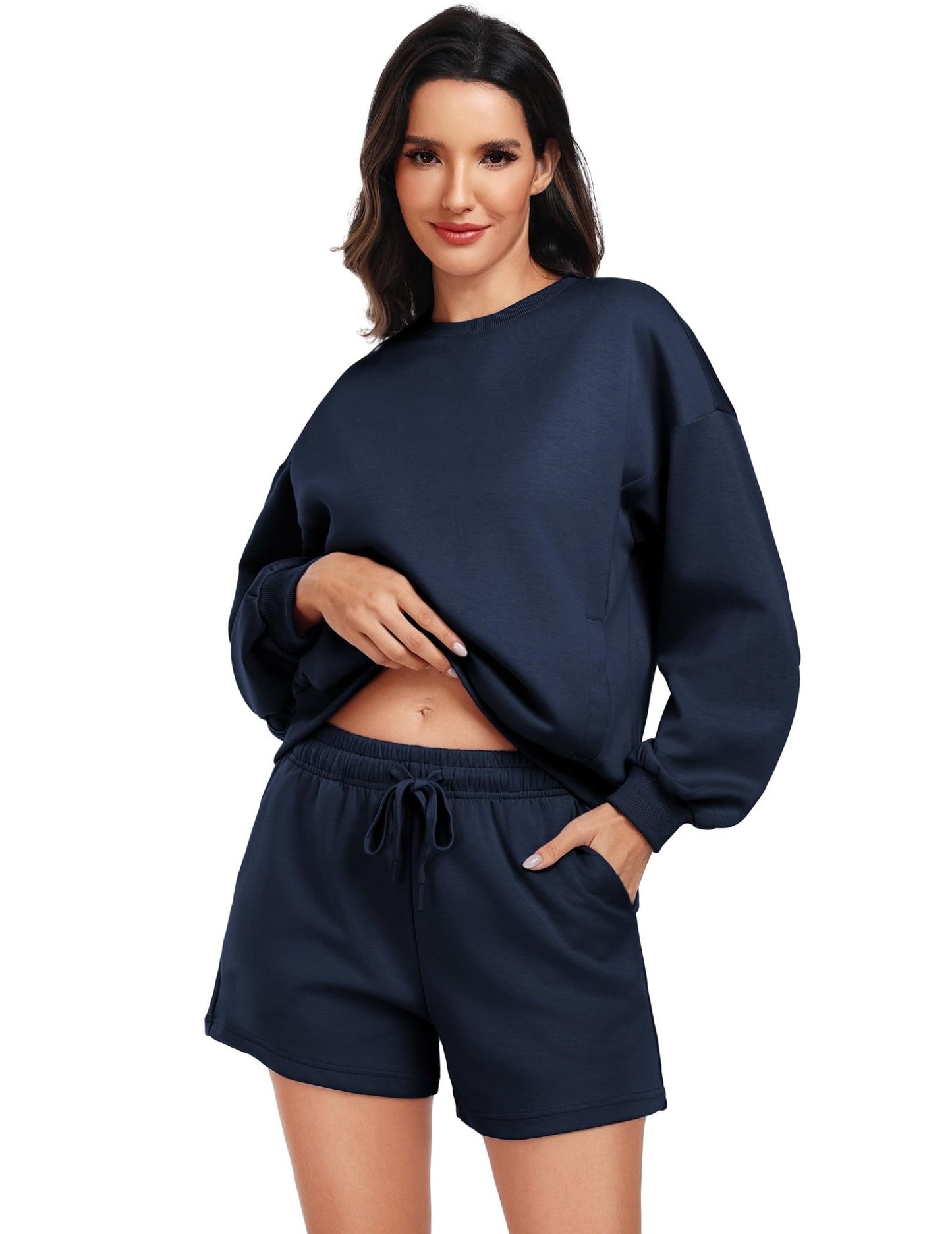 PINSPARK Women 2 Piece Outfits Sweat Shorts Sets 2024 Fall Travel Casual Matching Set Sweatsuit Tracksuit, Navy Blue X - Small - Bella Blue Styles