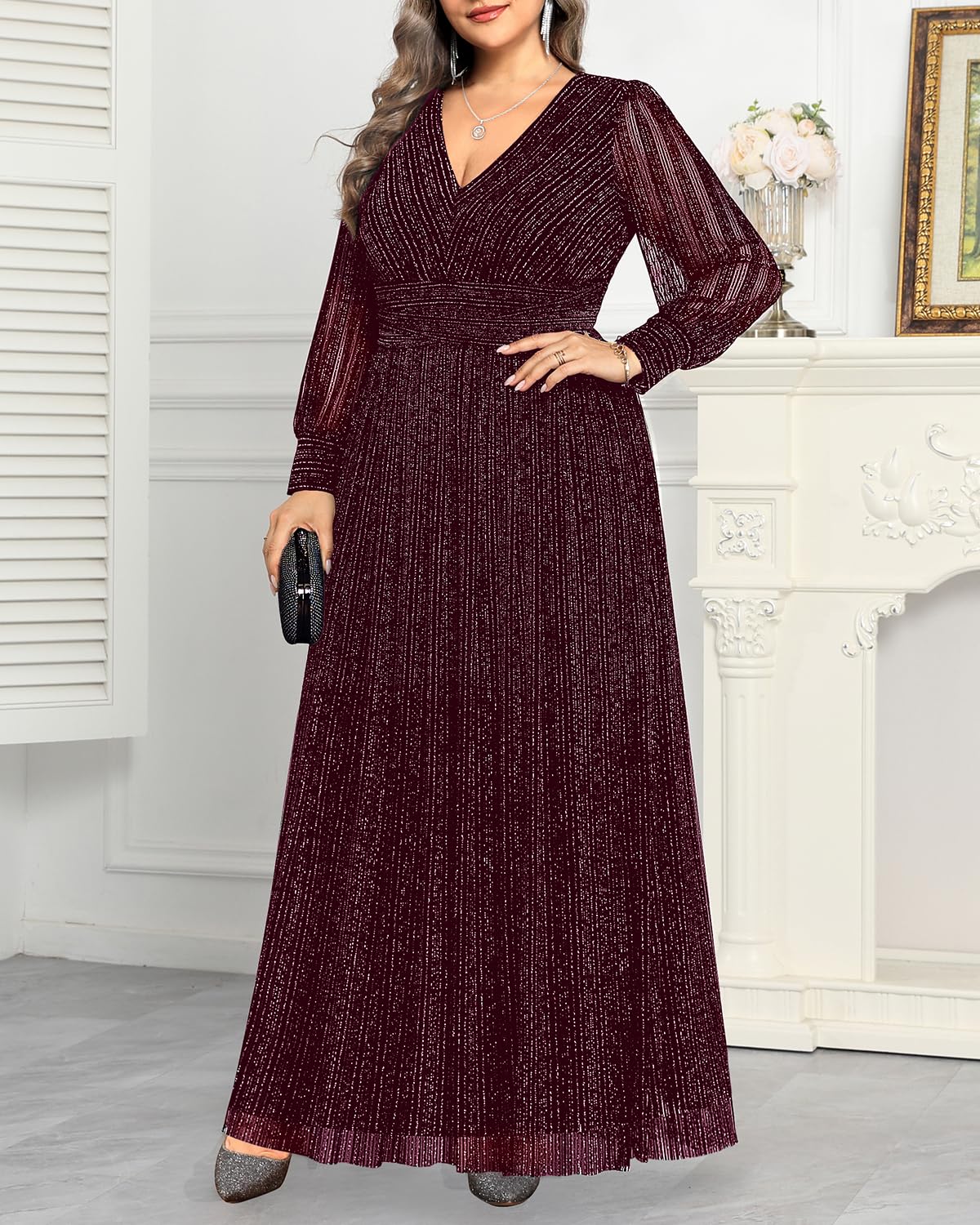 Pinup Fashion Burgundy Plus Size Dresses Formal Wedding Guest Evening Gowns Long Sleeve Bridesmaid Holiday Sparkly New Year Prom Dress - Bella Blue Styles