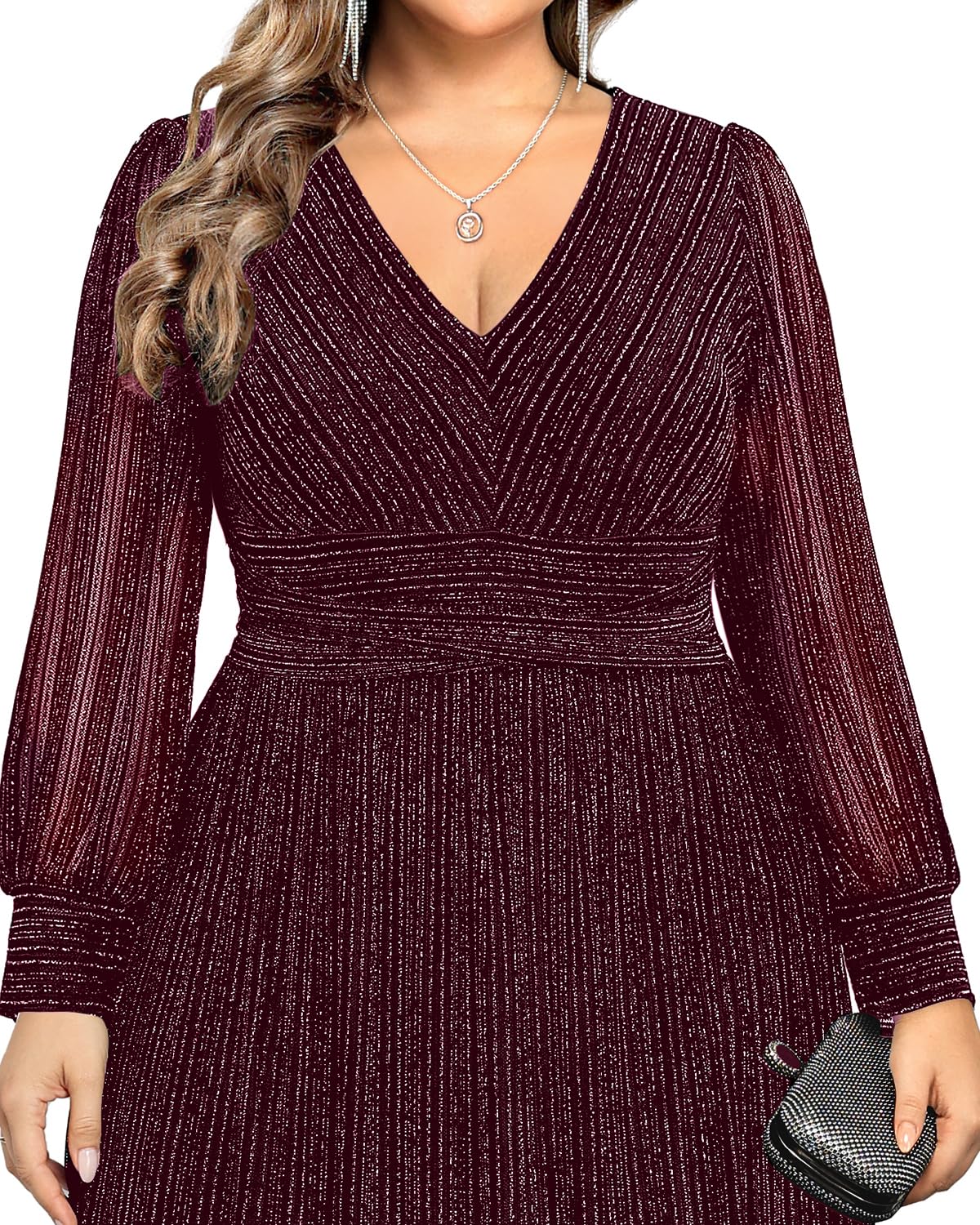 Pinup Fashion Burgundy Plus Size Dresses Formal Wedding Guest Evening Gowns Long Sleeve Bridesmaid Holiday Sparkly New Year Prom Dress - Bella Blue Styles