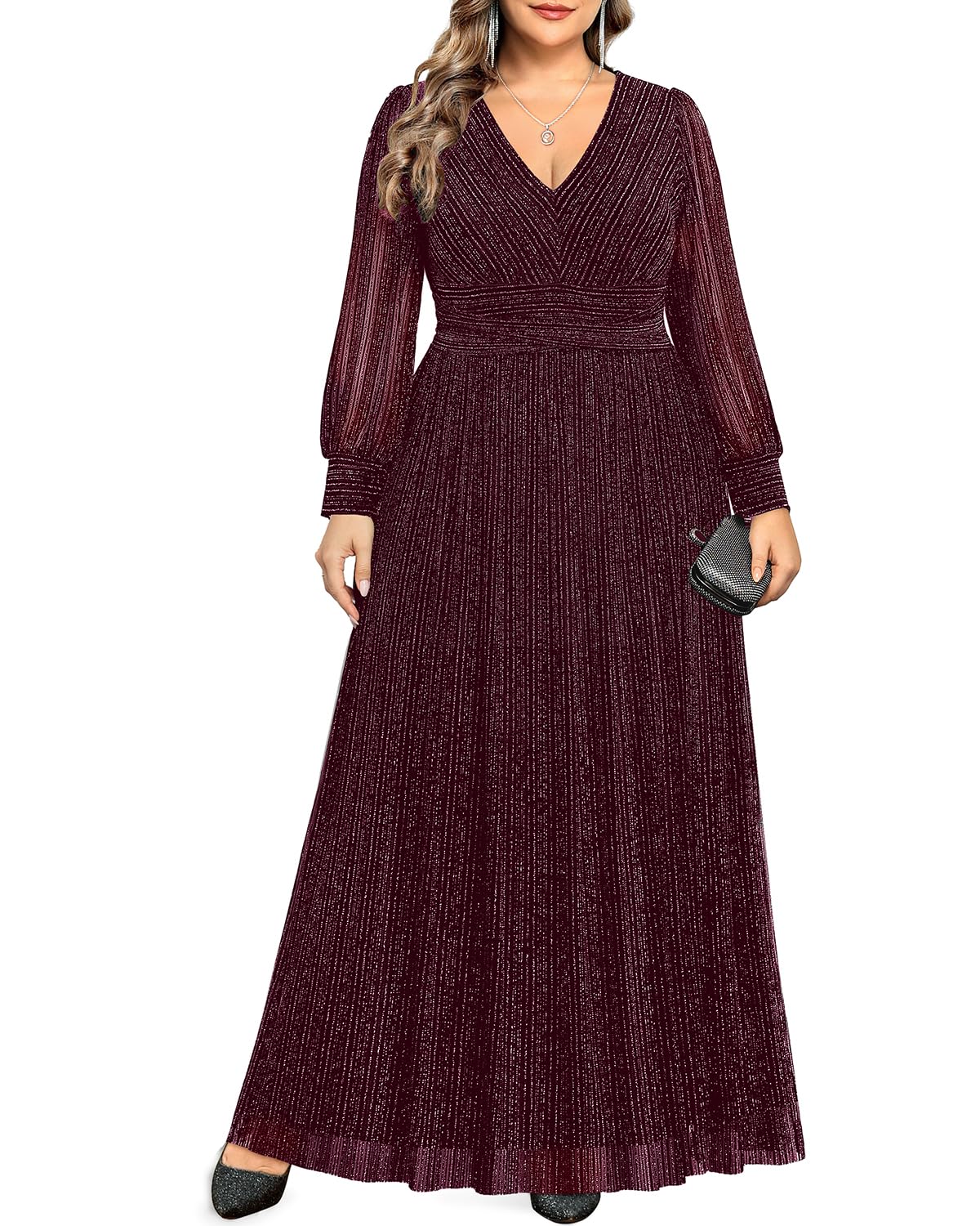 Pinup Fashion Burgundy Plus Size Dresses Formal Wedding Guest Evening Gowns Long Sleeve Bridesmaid Holiday Sparkly New Year Prom Dress - Bella Blue Styles