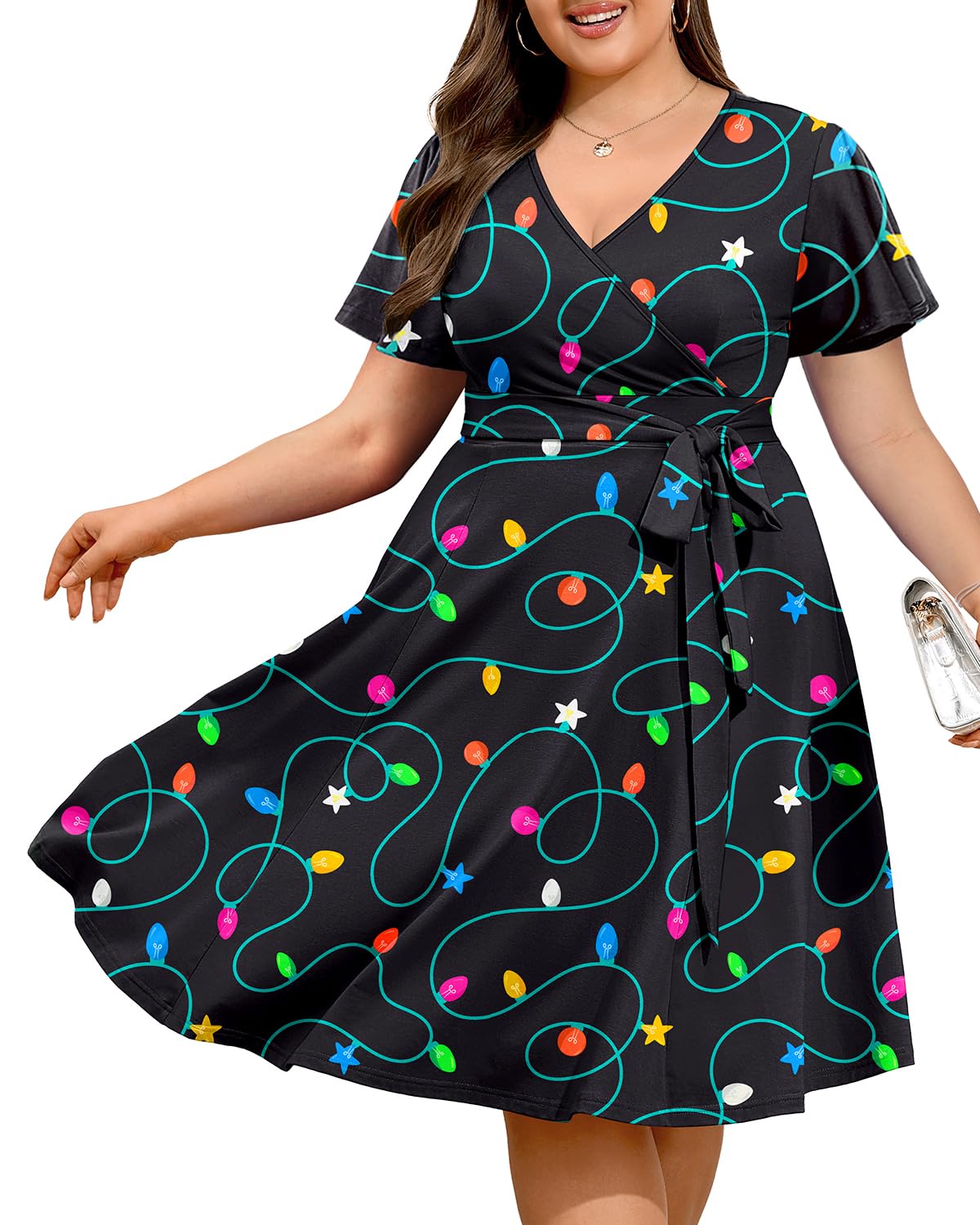 Pinup Fashion Women Plus Size Christmas Dress — Ugly Xmas Holiday Funny Lights Print 2024 Fall Wrap V - Neck Short Sleeve Midi Dresses - Bella Blue Styles