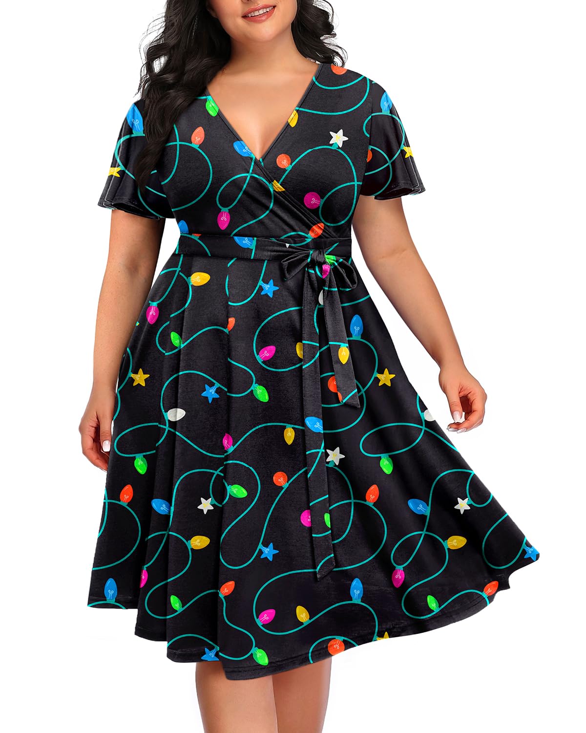 Pinup Fashion Women Plus Size Christmas Dress — Ugly Xmas Holiday Funny Lights Print 2024 Fall Wrap V - Neck Short Sleeve Midi Dresses - Bella Blue Styles