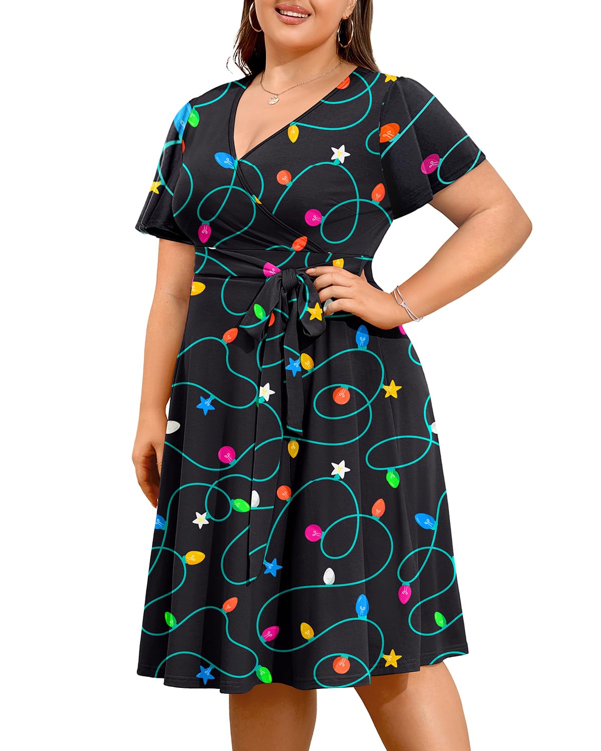 Pinup Fashion Women Plus Size Christmas Dress — Ugly Xmas Holiday Funny Lights Print 2024 Fall Wrap V - Neck Short Sleeve Midi Dresses - Bella Blue Styles