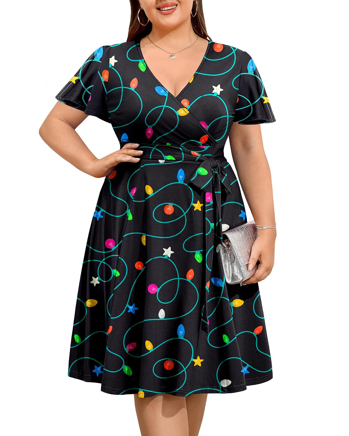 Pinup Fashion Women Plus Size Christmas Dress — Ugly Xmas Holiday Funny Lights Print 2024 Fall Wrap V - Neck Short Sleeve Midi Dresses - Bella Blue Styles