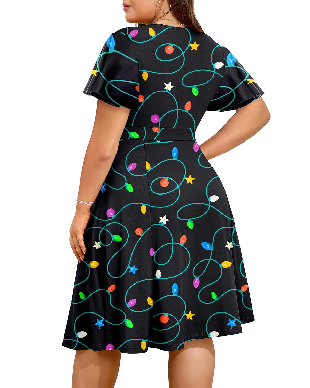 Pinup Fashion Women Plus Size Christmas Dress — Ugly Xmas Holiday Funny Lights Print 2024 Fall Wrap V - Neck Short Sleeve Midi Dresses - Bella Blue Styles