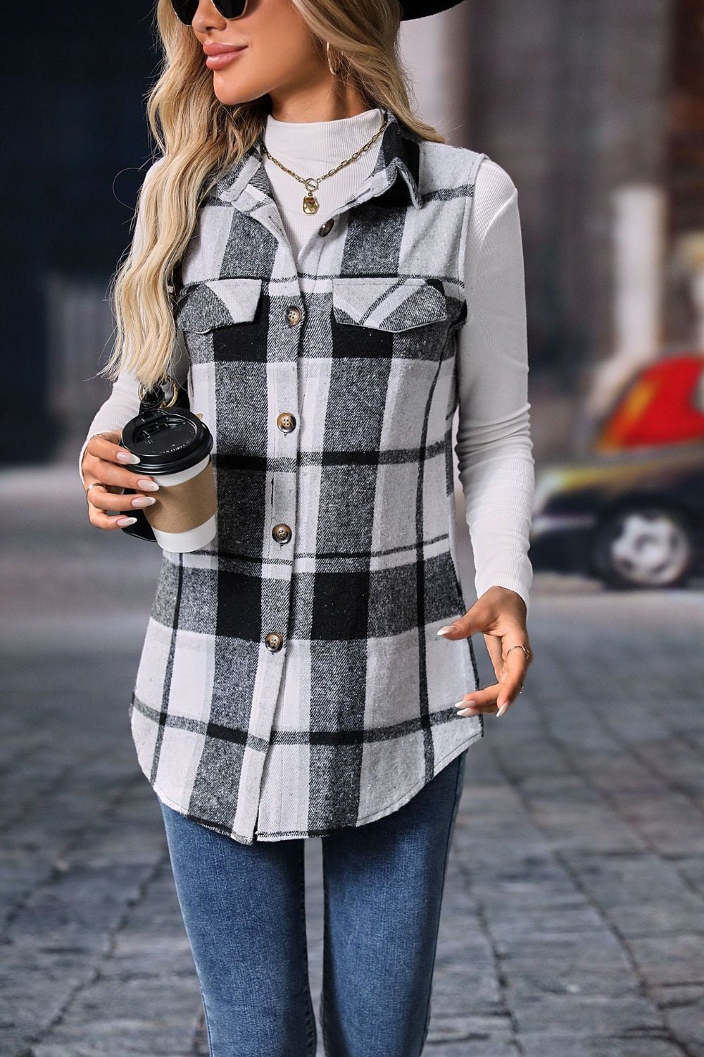 Plaid Button Up Vest Coat - Bella Blue Styles