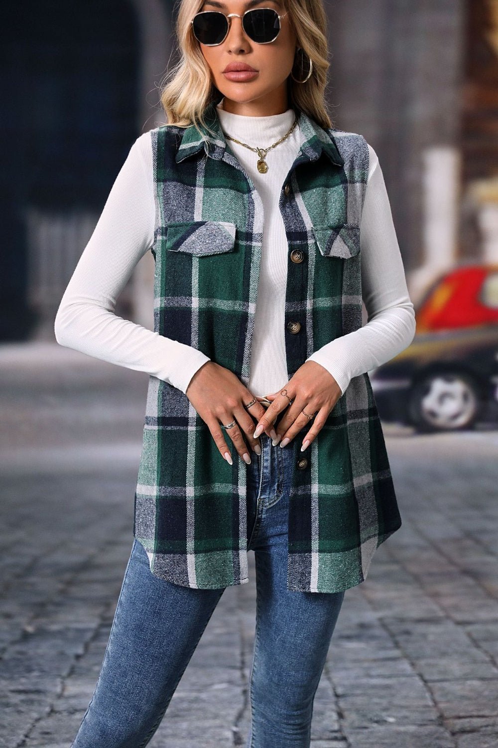 Plaid Button Up Vest Coat - Bella Blue Styles