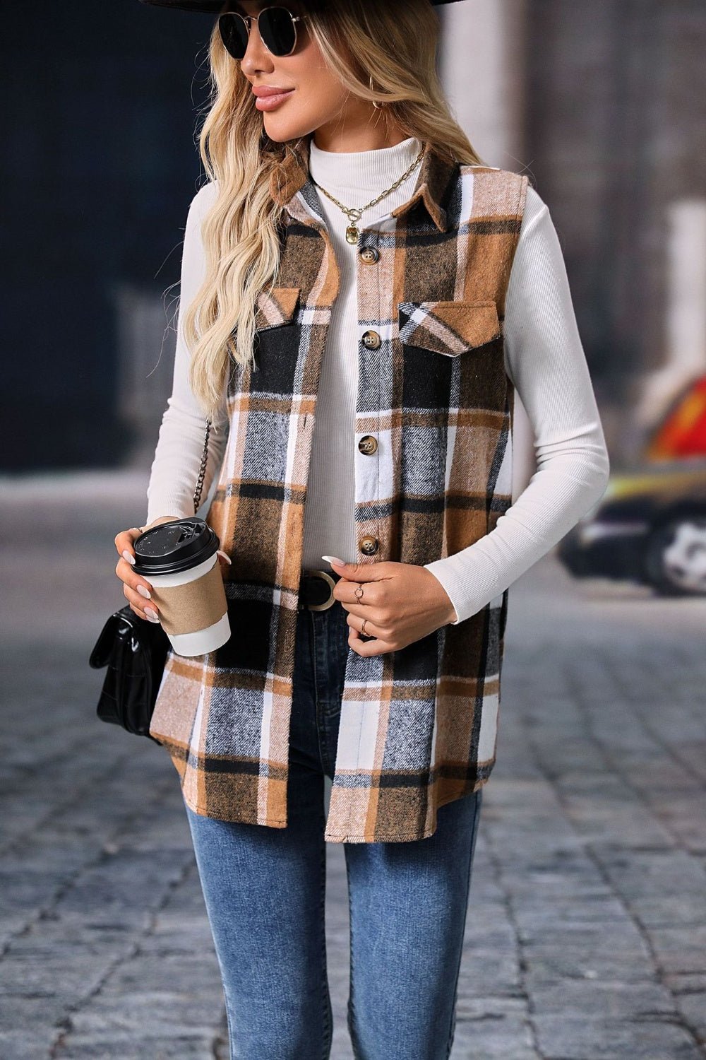 Plaid Button Up Vest Coat - Bella Blue Styles