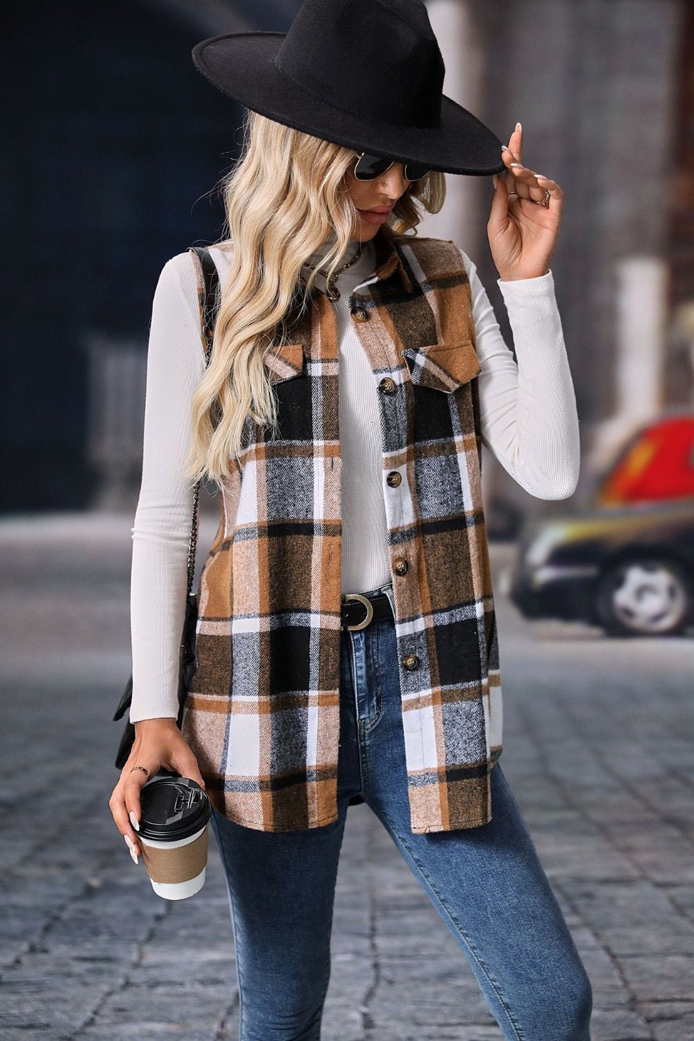 Plaid Button Up Vest Coat - Bella Blue Styles