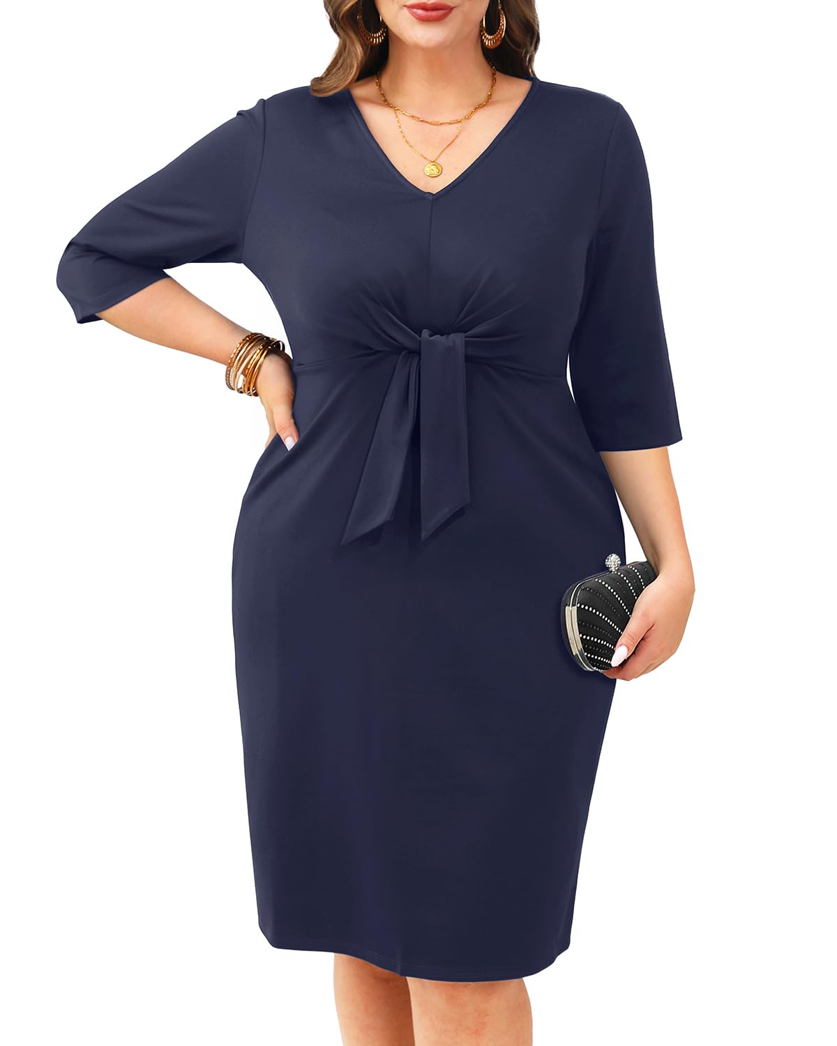 Plus Size Dresses for Wedding Guest Navy Blue Women Church Cocktail Midi Work Semi Formal Business Elegant Knee Dress - Bella Blue Styles