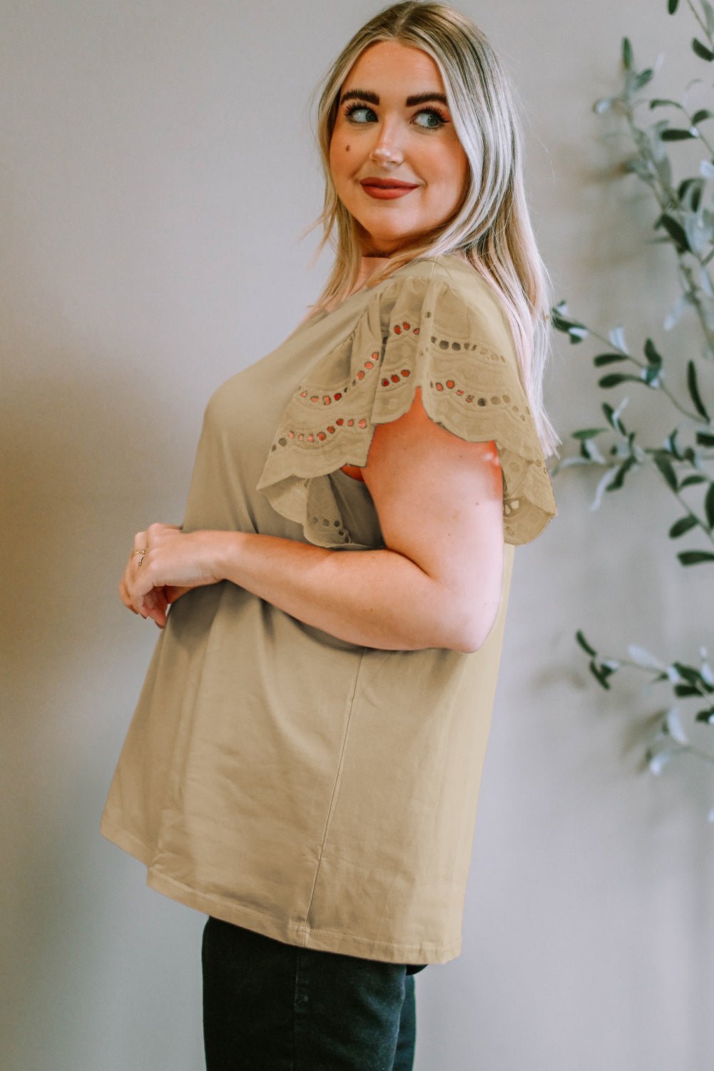 Plus Size Eyelet Round Neck Short Sleeve Blouse - Bella Blue Styles