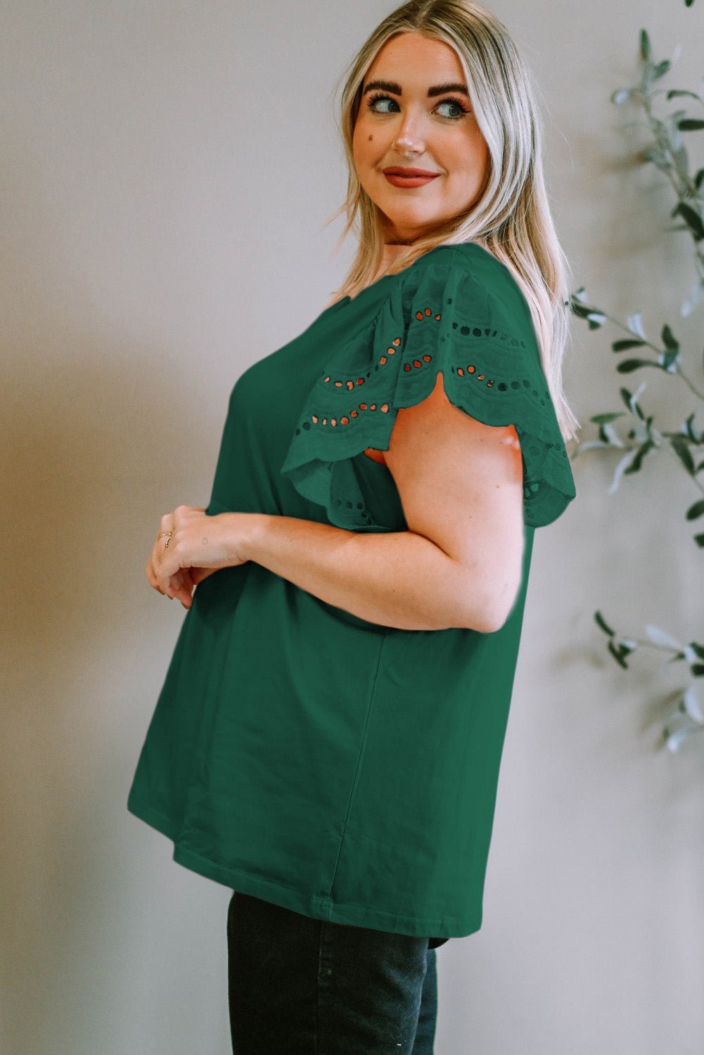 Plus Size Eyelet Round Neck Short Sleeve Blouse - Bella Blue Styles