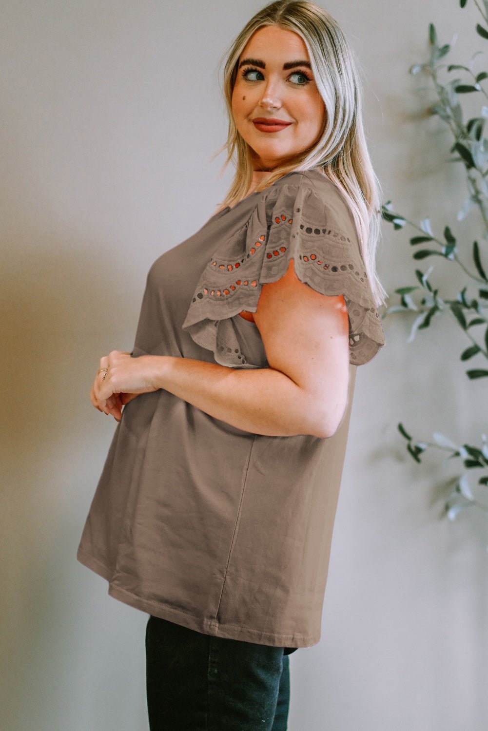 Plus Size Eyelet Round Neck Short Sleeve Blouse - Bella Blue Styles