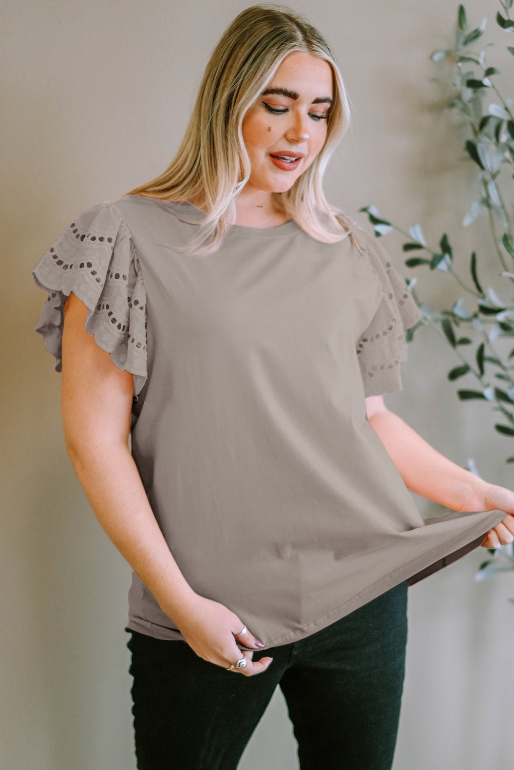 Plus Size Eyelet Round Neck Short Sleeve Blouse - Bella Blue Styles