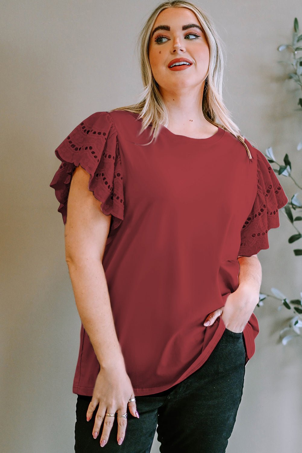 Plus Size Eyelet Round Neck Short Sleeve Blouse - Bella Blue Styles