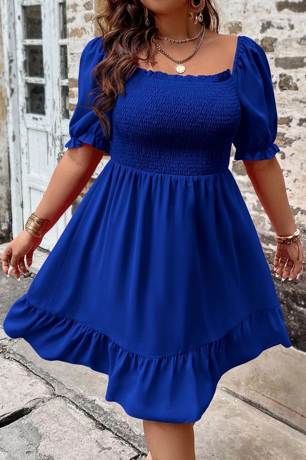 Plus Size Smocked Square Neck Short Sleeve Dress - Bella Blue Styles