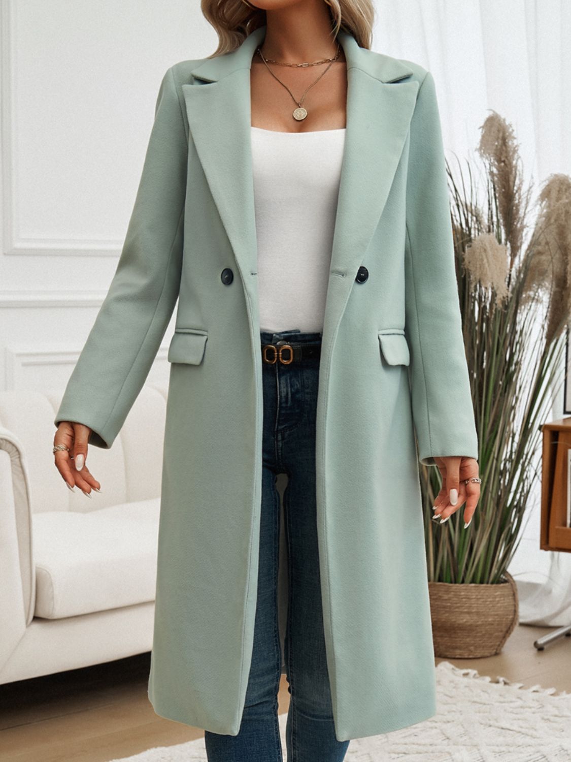 Pocketed Collared Neck Long Sleeve Coat - Bella Blue Styles