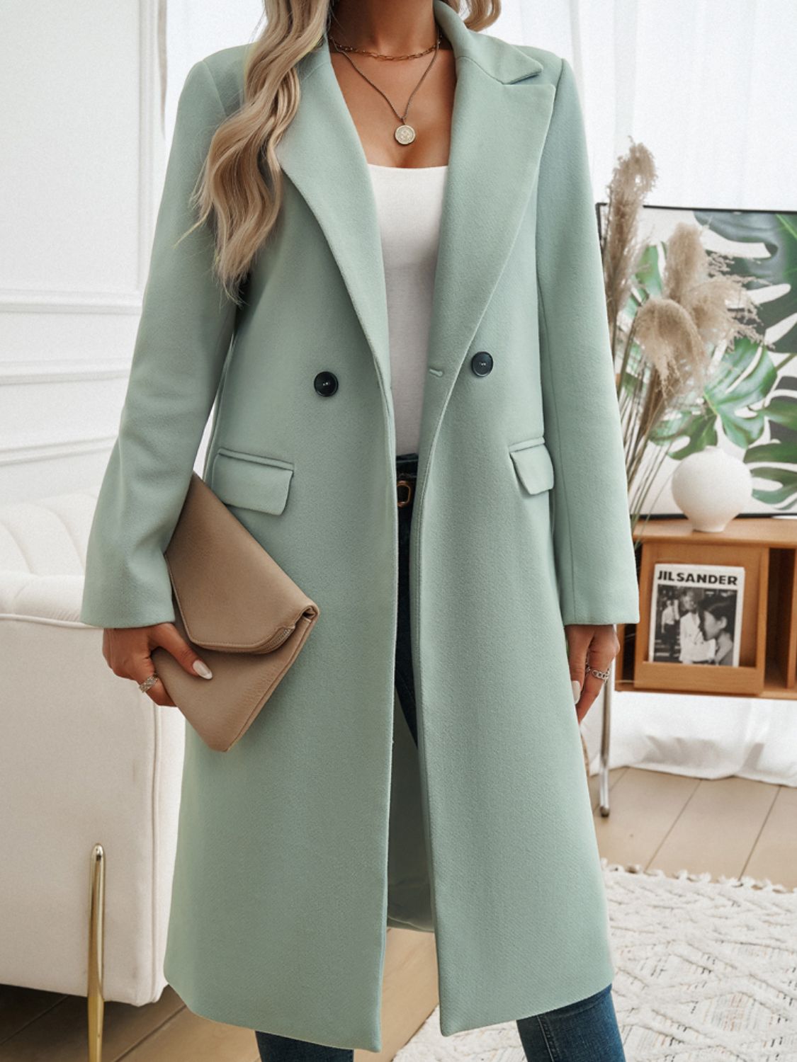 Pocketed Collared Neck Long Sleeve Coat - Bella Blue Styles