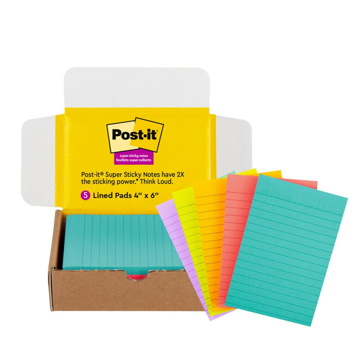 Post - it Super Sticky Lined Notes, 5 Sticky Note Pads, 4x6 in, 2X the Sticking Power, Back to School Supplies for Students, Sticky Notes for Textbooks, Notebooks, Walls and Vertical Surfaces - Bella Blue Styles