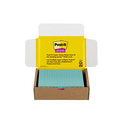 Post - it Super Sticky Lined Notes, 5 Sticky Note Pads, 4x6 in, 2X the Sticking Power, Back to School Supplies for Students, Sticky Notes for Textbooks, Notebooks, Walls and Vertical Surfaces - Bella Blue Styles