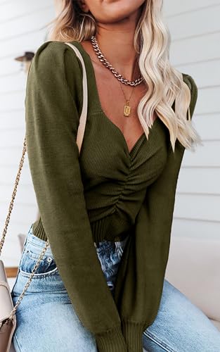 PRETTYGARDEN Fall Long Sleeve Cropped Sweaters for Women 2024 Off The Shoulder V Neck Ruched Ribbed Knit Going Out Tops (Olive Green, Small) - Bella Blue Styles