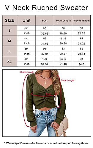 PRETTYGARDEN Fall Long Sleeve Cropped Sweaters for Women 2024 Off The Shoulder V Neck Ruched Ribbed Knit Going Out Tops (Olive Green, Small) - Bella Blue Styles