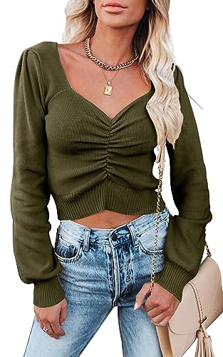 PRETTYGARDEN Fall Long Sleeve Cropped Sweaters for Women 2024 Off The Shoulder V Neck Ruched Ribbed Knit Going Out Tops (Olive Green, Small) - Bella Blue Styles