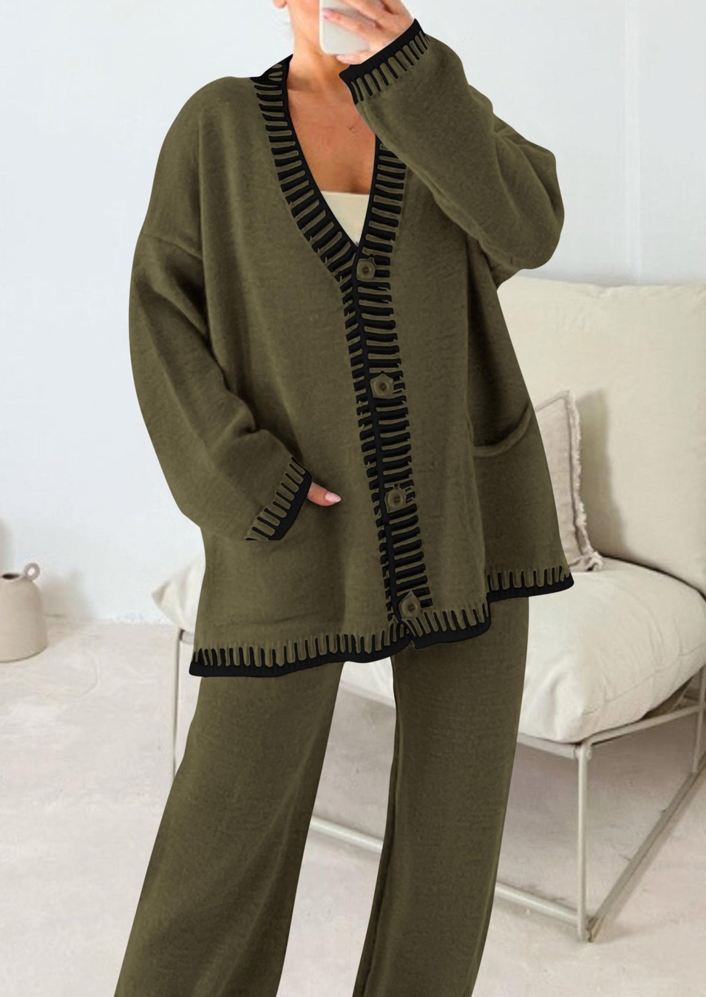 PRETTYGARDEN Women's 2 Piece Outfits Knit Matching Lounge Sets Long Sleeve V Neck Cardigan Sweaters Wide Leg Pants Tracksuits (Khaki Green,Small) - Bella Blue Styles