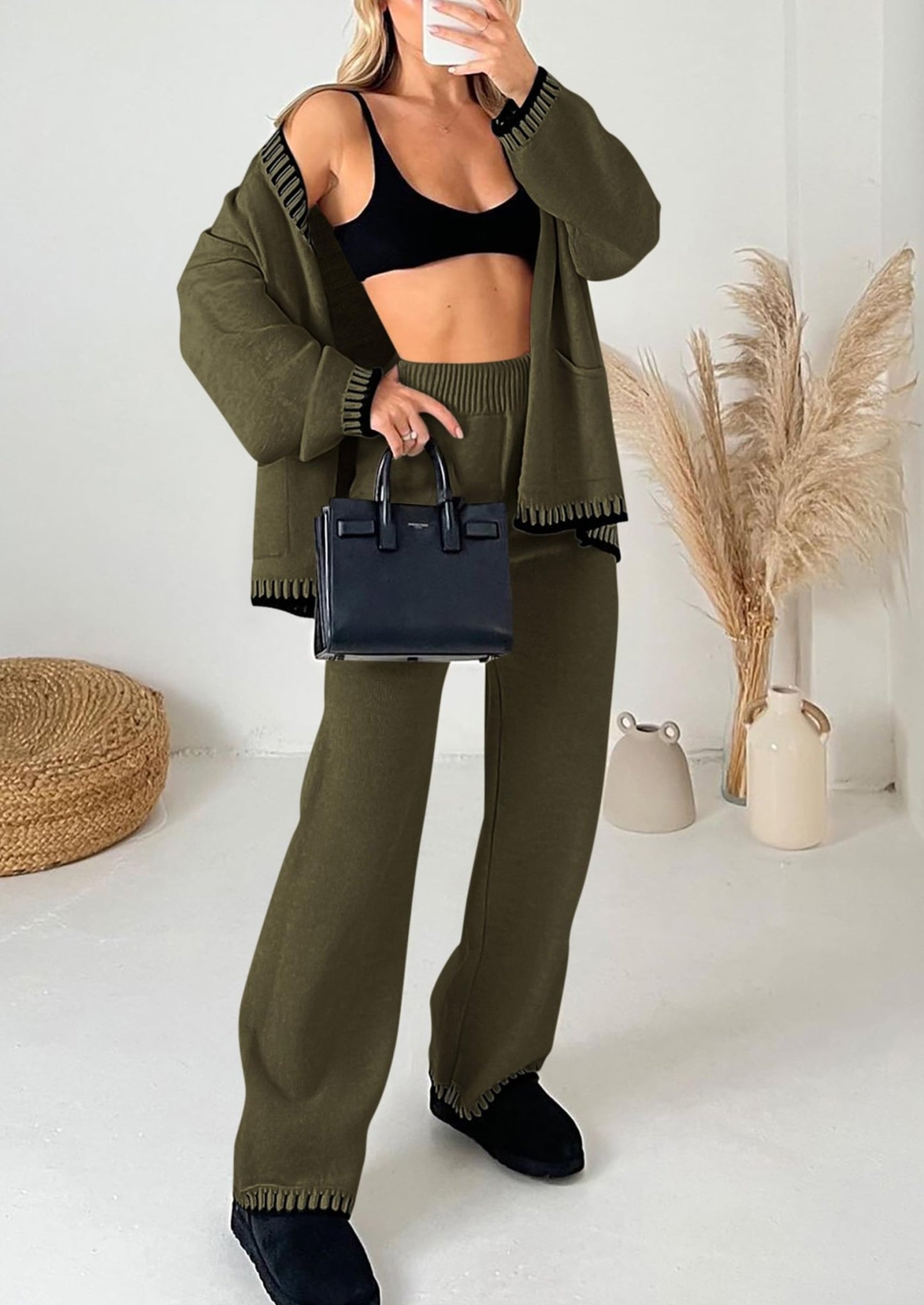 PRETTYGARDEN Women's 2 Piece Outfits Knit Matching Lounge Sets Long Sleeve V Neck Cardigan Sweaters Wide Leg Pants Tracksuits (Khaki Green,Small) - Bella Blue Styles