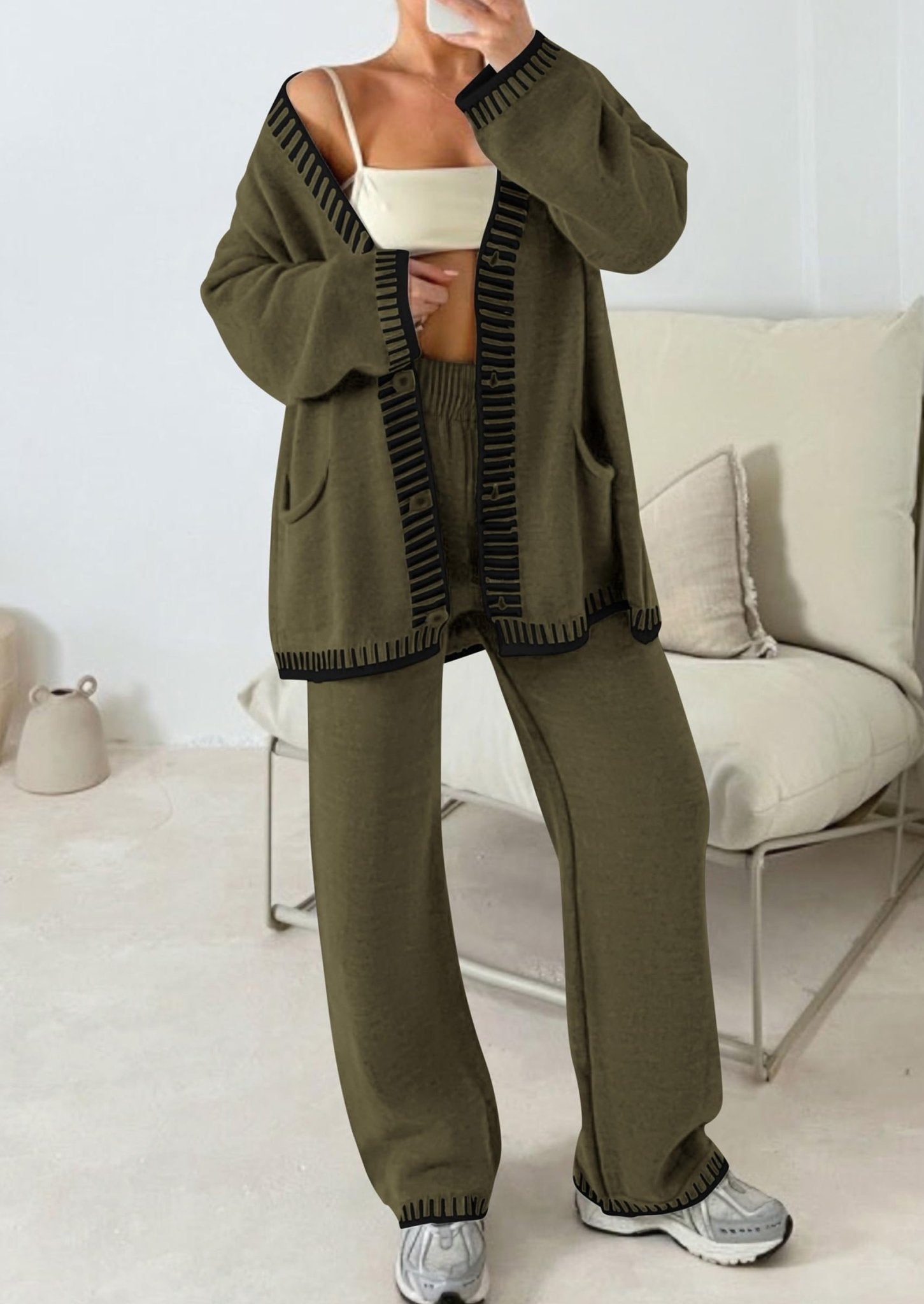 PRETTYGARDEN Women's 2 Piece Outfits Knit Matching Lounge Sets Long Sleeve V Neck Cardigan Sweaters Wide Leg Pants Tracksuits (Khaki Green,Small) - Bella Blue Styles