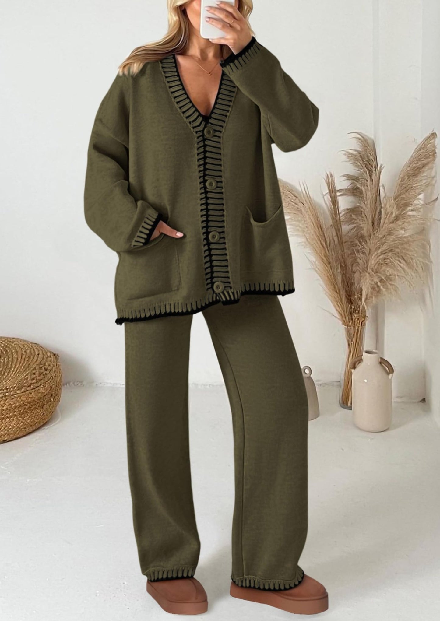 PRETTYGARDEN Women's 2 Piece Outfits Knit Matching Lounge Sets Long Sleeve V Neck Cardigan Sweaters Wide Leg Pants Tracksuits (Khaki Green,Small) - Bella Blue Styles