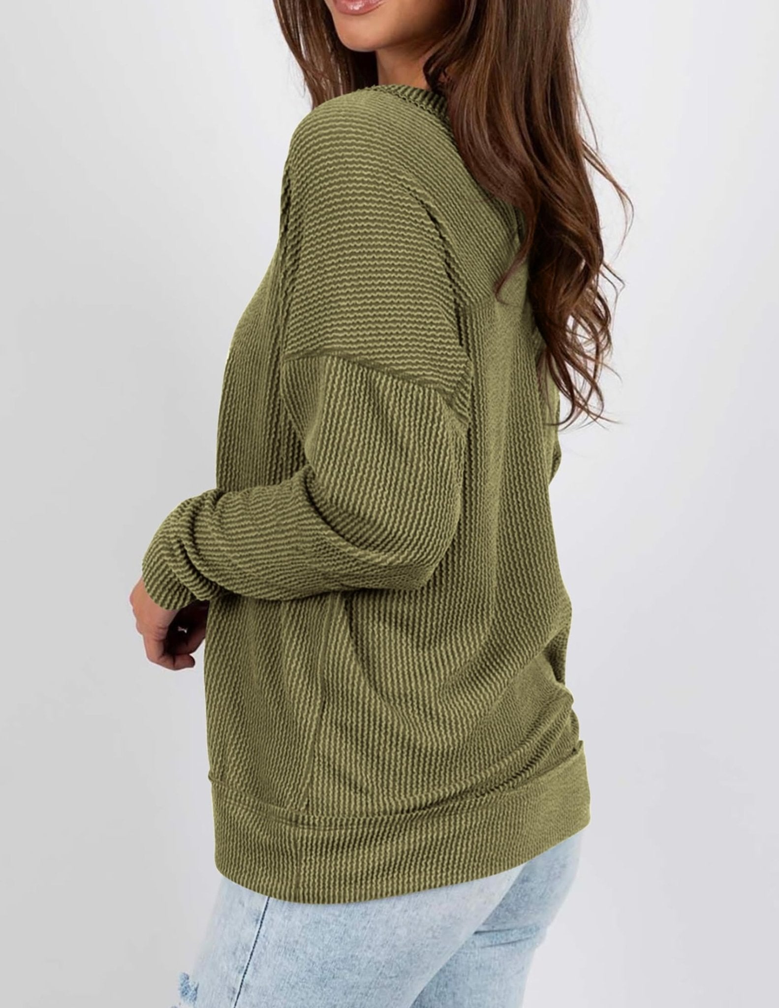 PRETTYGARDEN Women's 2024 Fall Casual Long Sleeve Going Out Tops Ribbed V Neck Loose Fit Trendy Cute T Shirts Tee Blouses (Army Green,Medium) - Bella Blue Styles