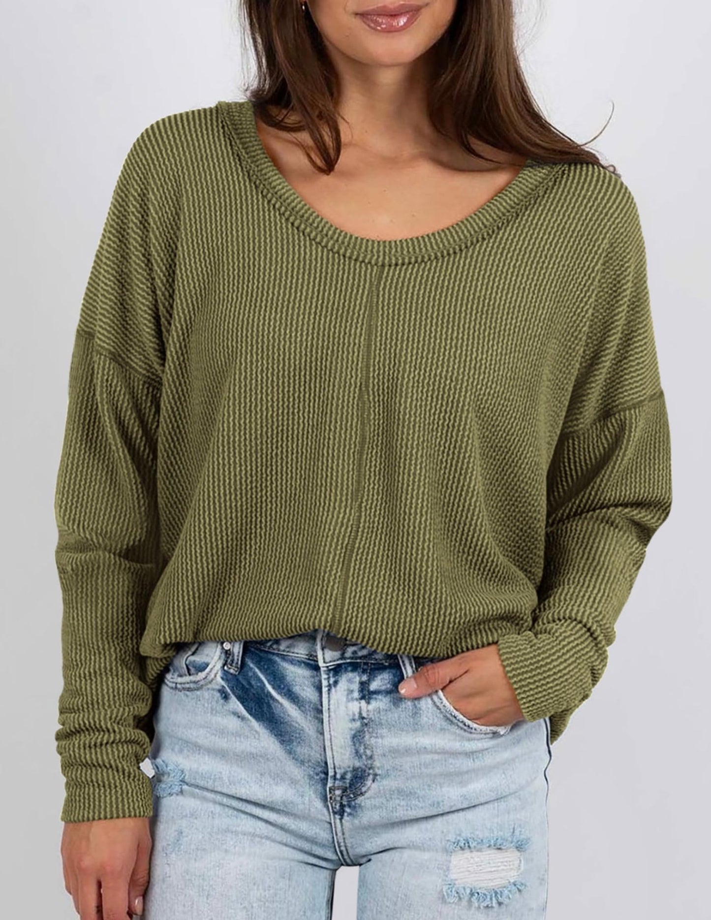 PRETTYGARDEN Women's 2024 Fall Casual Long Sleeve Going Out Tops Ribbed V Neck Loose Fit Trendy Cute T Shirts Tee Blouses (Army Green,Medium) - Bella Blue Styles