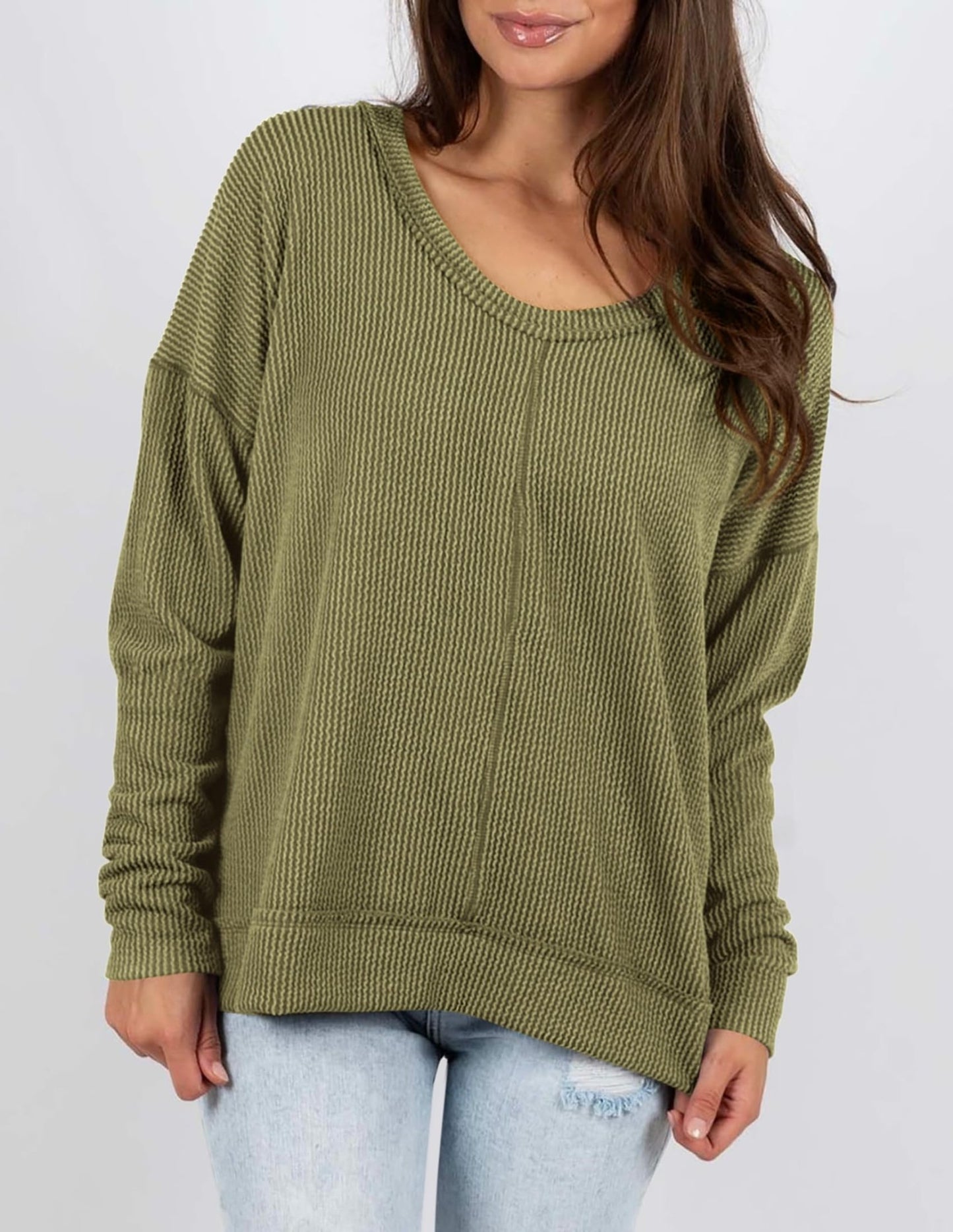 PRETTYGARDEN Women's 2024 Fall Casual Long Sleeve Going Out Tops Ribbed V Neck Loose Fit Trendy Cute T Shirts Tee Blouses (Army Green,Medium) - Bella Blue Styles