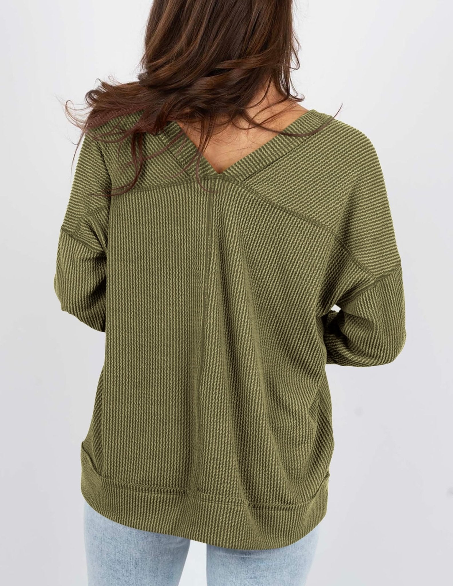 PRETTYGARDEN Women's 2024 Fall Casual Long Sleeve Going Out Tops Ribbed V Neck Loose Fit Trendy Cute T Shirts Tee Blouses (Army Green,Medium) - Bella Blue Styles