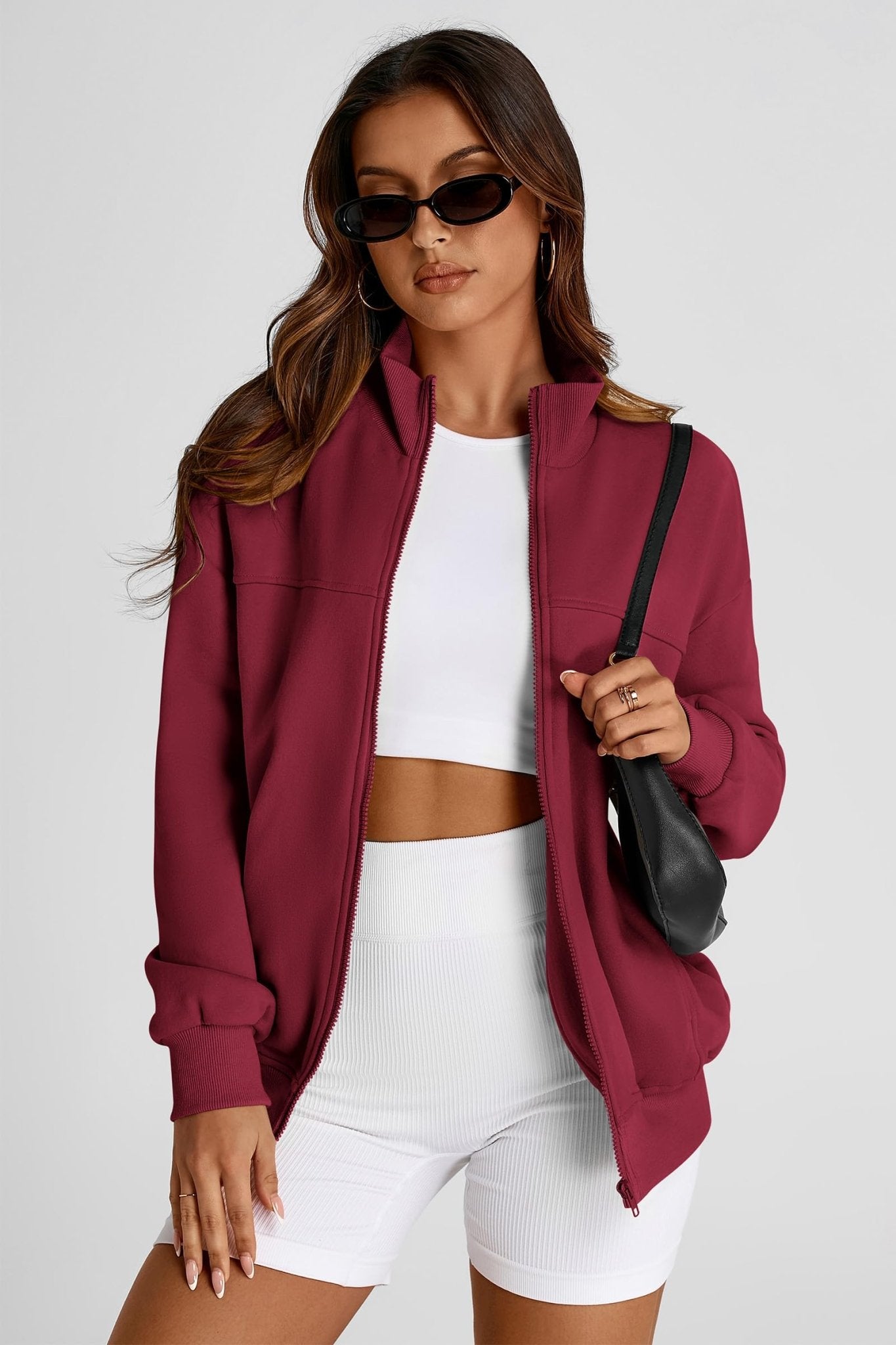 PRETTYGARDEN Women's 2024 Fall Fashion Full Zip Up Sweatshirt Long Sleeve Oversized Fashion Casual Jacket with Pockets (Wine Red,Medium) - Bella Blue Styles