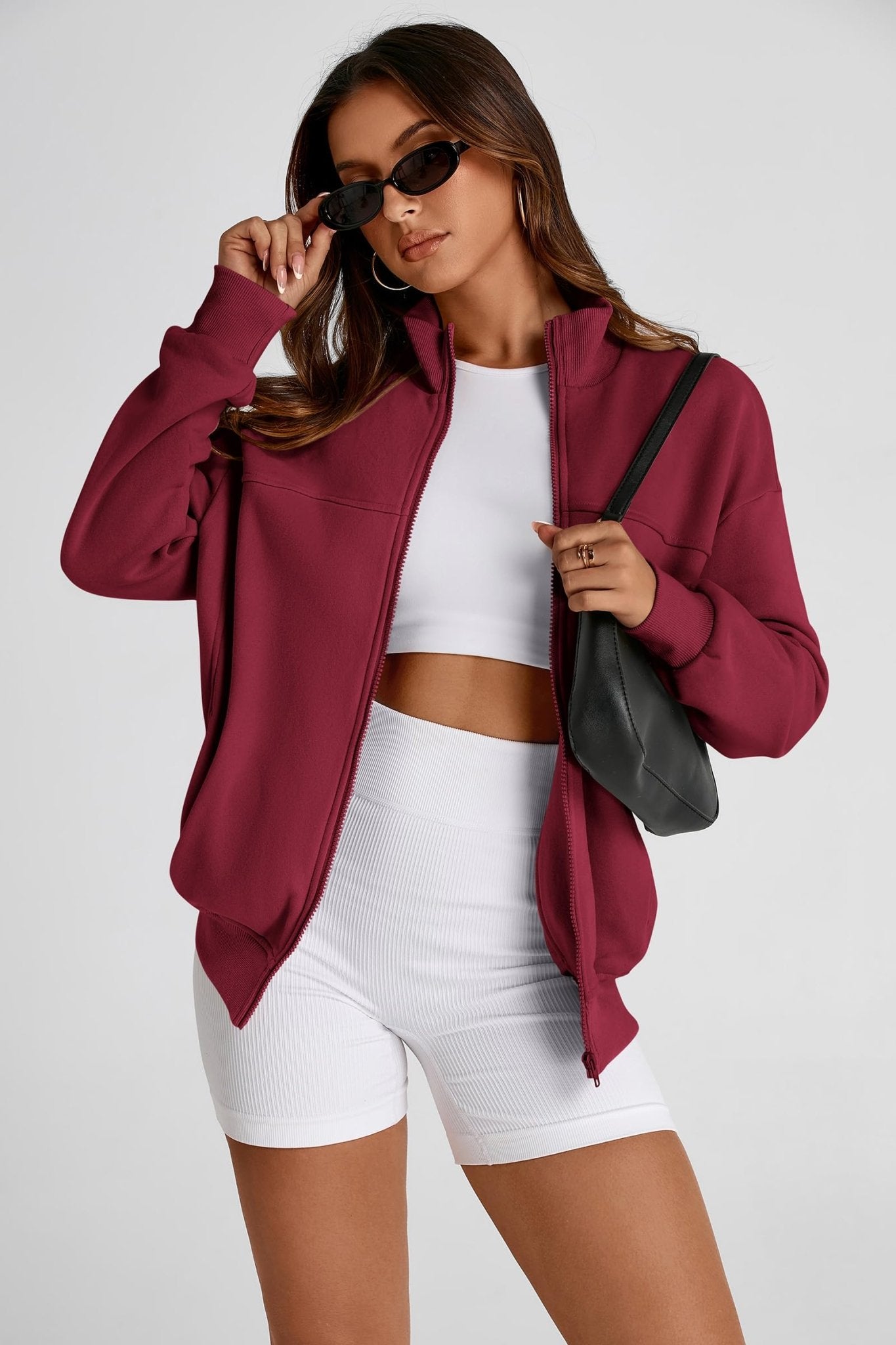 PRETTYGARDEN Women's 2024 Fall Fashion Full Zip Up Sweatshirt Long Sleeve Oversized Fashion Casual Jacket with Pockets (Wine Red,Medium) - Bella Blue Styles