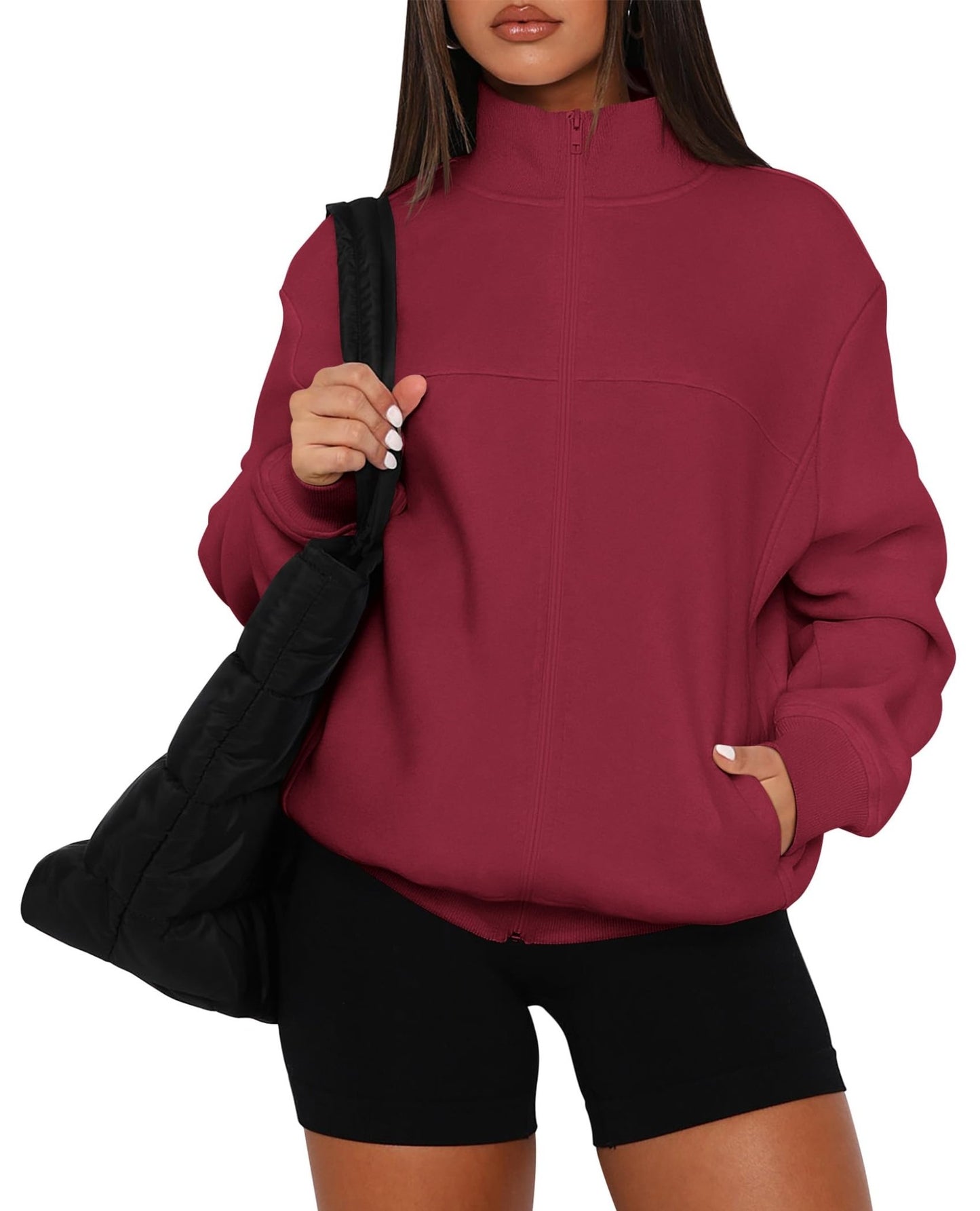 PRETTYGARDEN Women's 2024 Fall Fashion Full Zip Up Sweatshirt Long Sleeve Oversized Fashion Casual Jacket with Pockets (Wine Red,Medium) - Bella Blue Styles