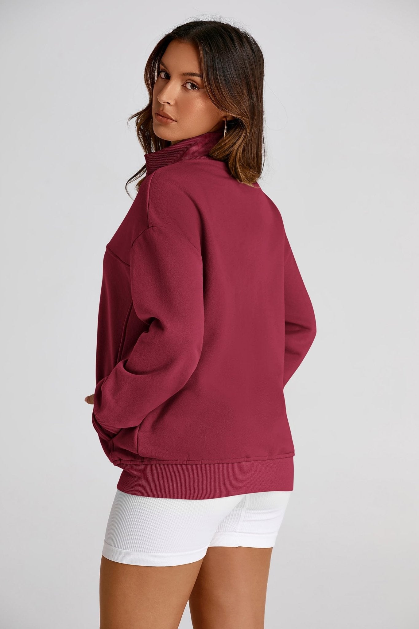 PRETTYGARDEN Women's 2024 Fall Fashion Full Zip Up Sweatshirt Long Sleeve Oversized Fashion Casual Jacket with Pockets (Wine Red,Medium) - Bella Blue Styles