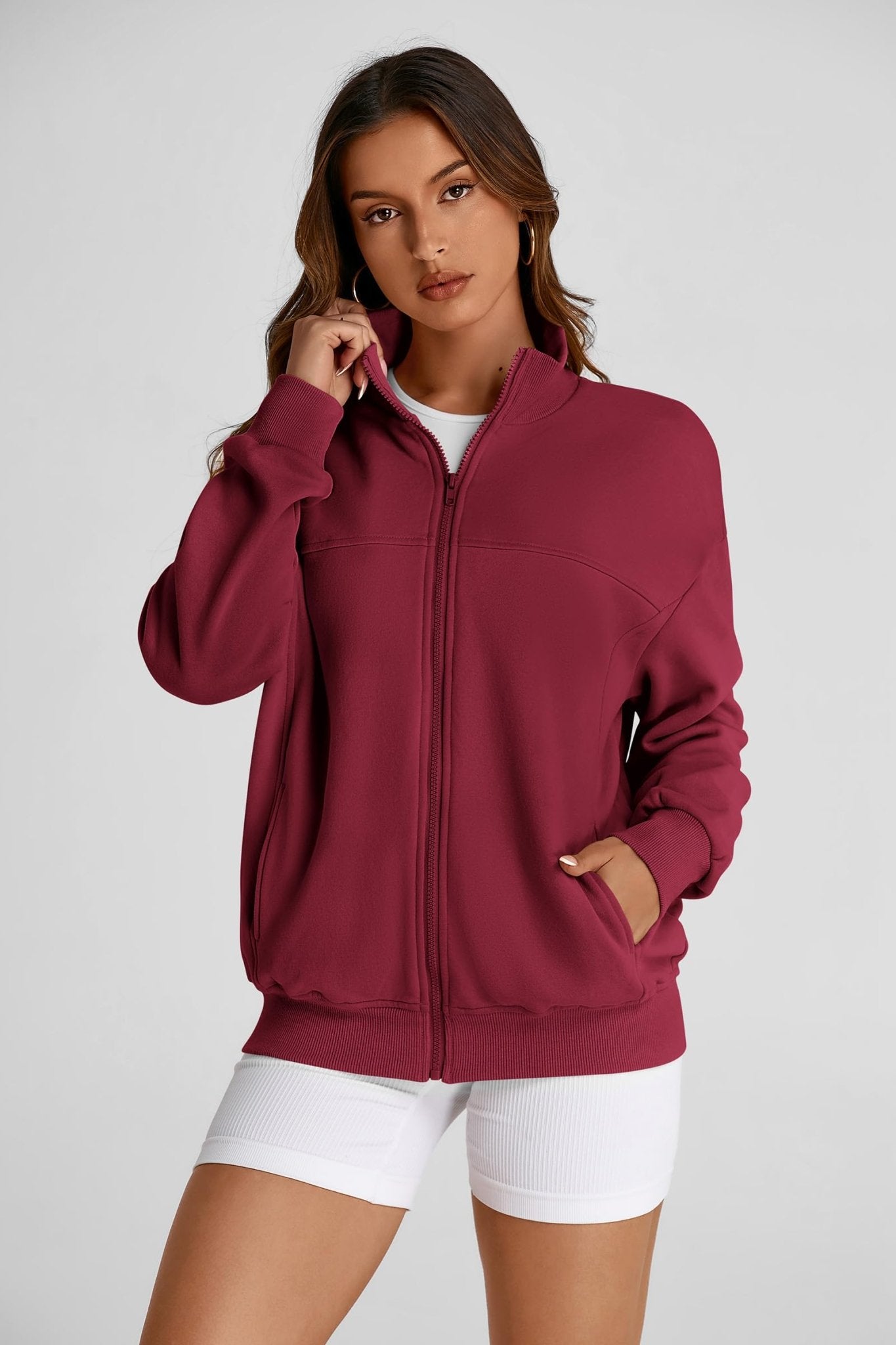 PRETTYGARDEN Women's 2024 Fall Fashion Full Zip Up Sweatshirt Long Sleeve Oversized Fashion Casual Jacket with Pockets (Wine Red,Medium) - Bella Blue Styles