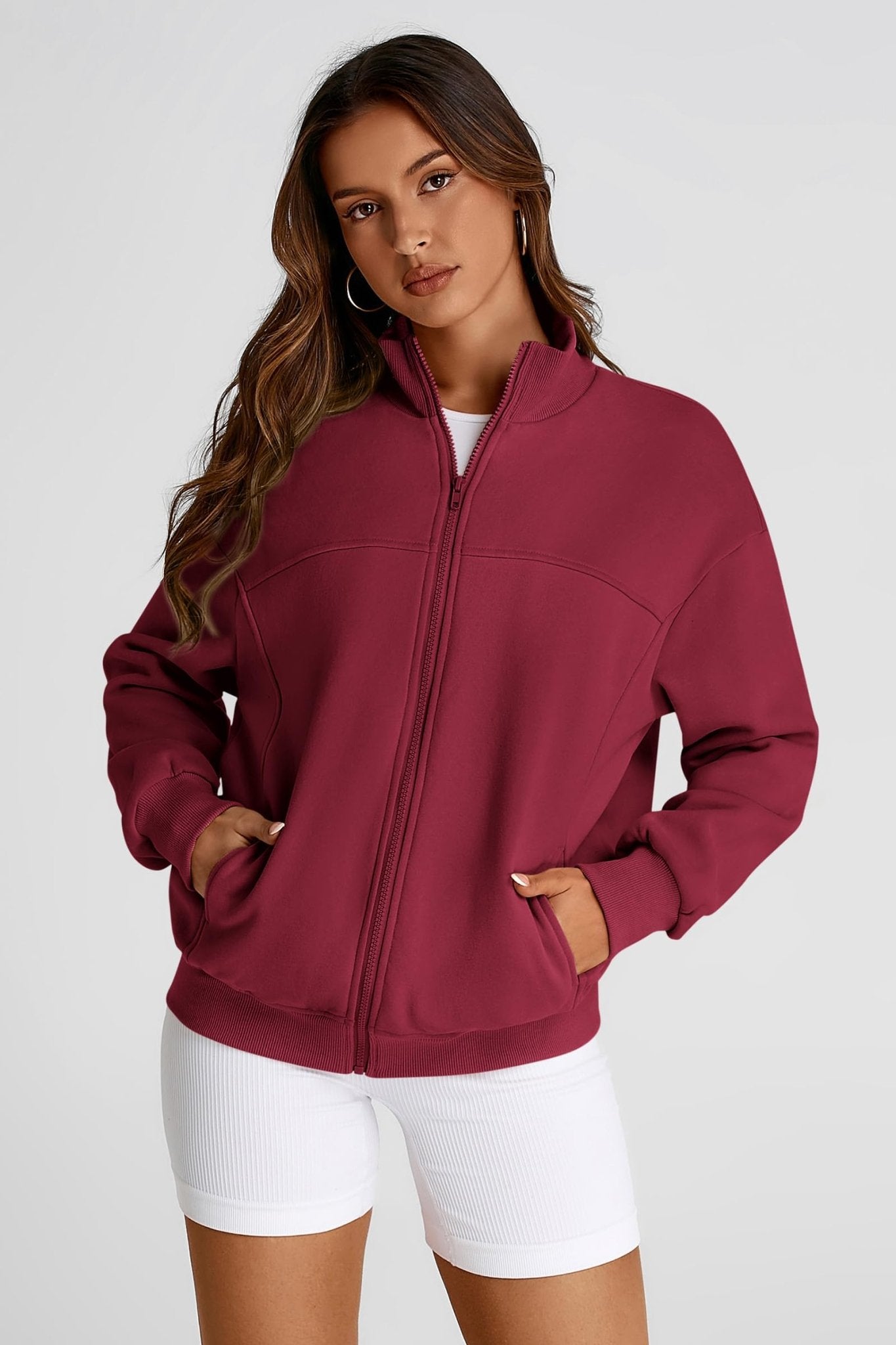 PRETTYGARDEN Women's 2024 Fall Fashion Full Zip Up Sweatshirt Long Sleeve Oversized Fashion Casual Jacket with Pockets (Wine Red,Medium) - Bella Blue Styles