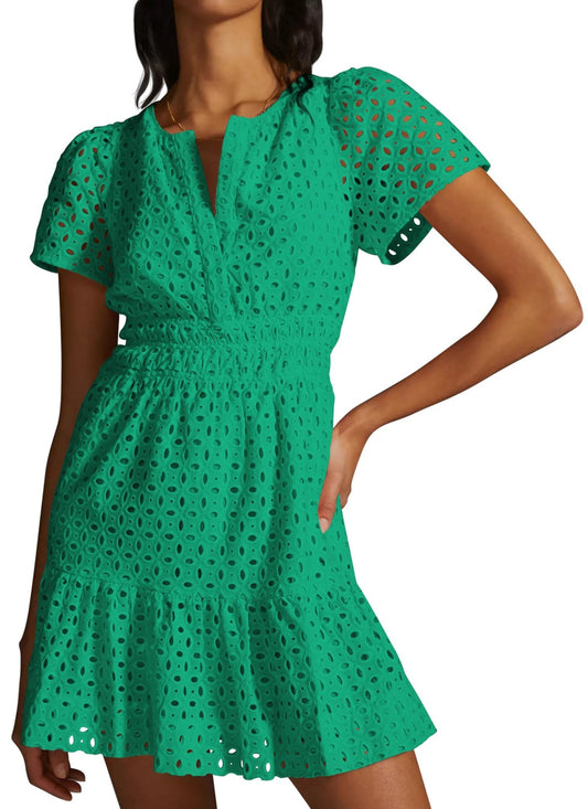 PRETTYGARDEN Womens 2024 Summer Short Dress V Neck Short Sleeve A Line Hollow Out Lace Ruffle Cute Casual Beach Party Dresses (Green,Small) - Bella Blue Styles