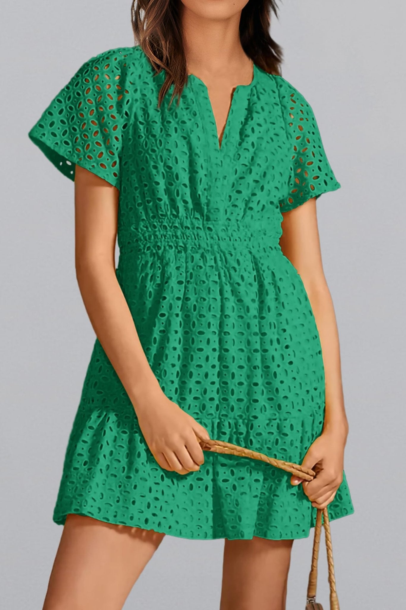 PRETTYGARDEN Womens 2024 Summer Short Dress V Neck Short Sleeve A Line Hollow Out Lace Ruffle Cute Casual Beach Party Dresses (Green,Small) - Bella Blue Styles