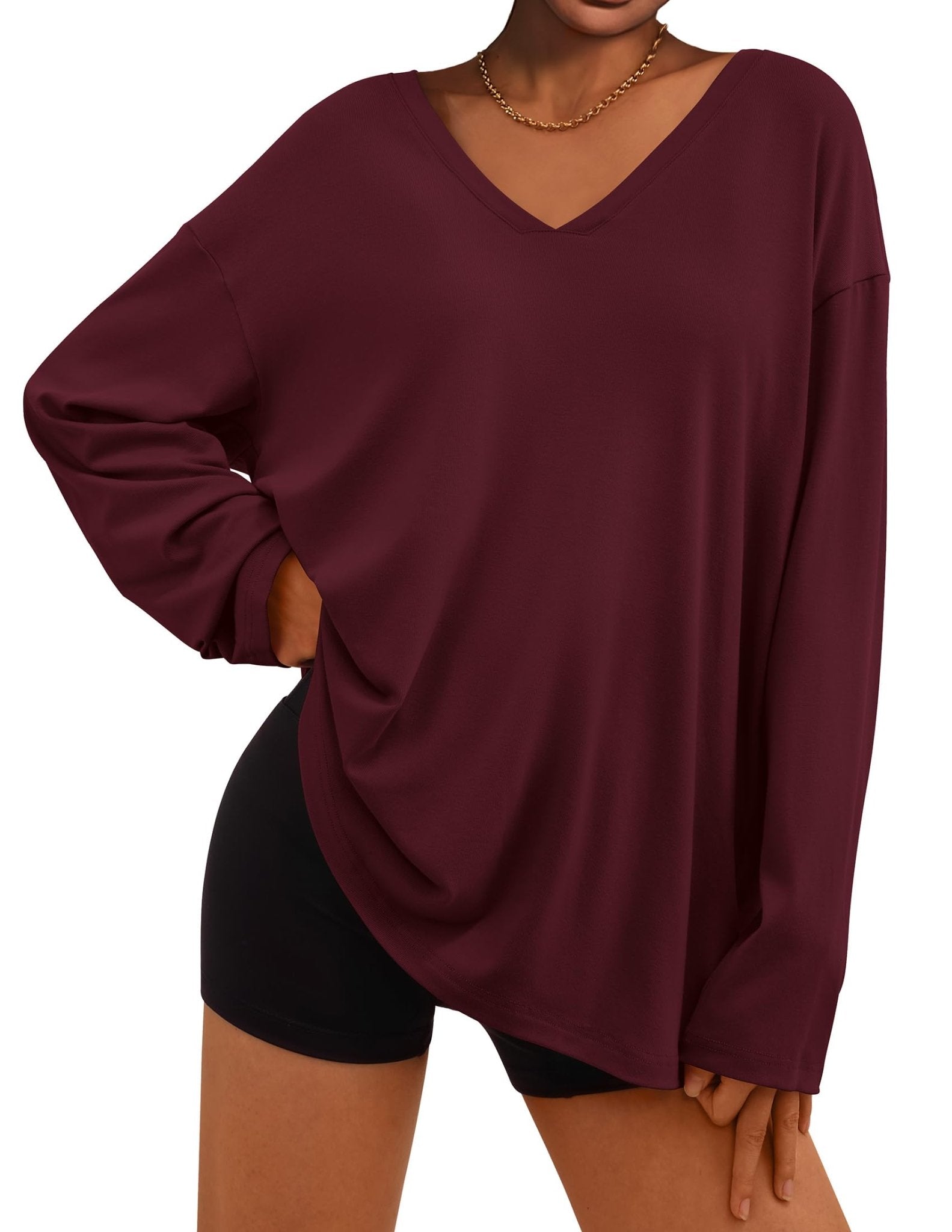 PRETTYGARDEN Women's Basic T Shirts Casual Long Sleeve V Neck Loose Fit Plain Tunic Tees Tops Blouse (Wine Red,Large) - Bella Blue Styles