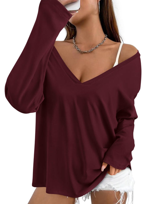 PRETTYGARDEN Women's Basic T Shirts Casual Long Sleeve V Neck Loose Fit Plain Tunic Tees Tops Blouse (Wine Red,Large) - Bella Blue Styles