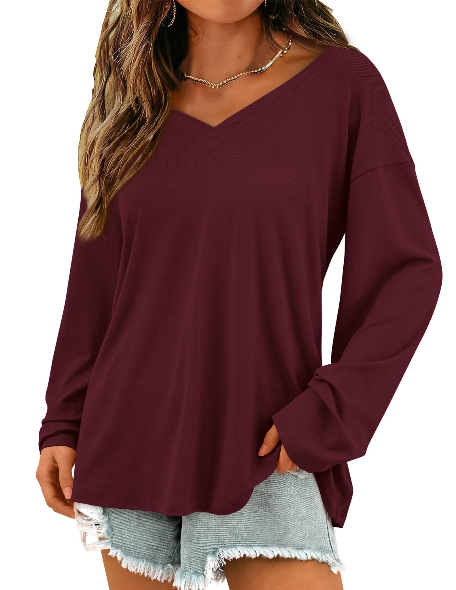 PRETTYGARDEN Women's Basic T Shirts Casual Long Sleeve V Neck Loose Fit Plain Tunic Tees Tops Blouse (Wine Red,Large) - Bella Blue Styles