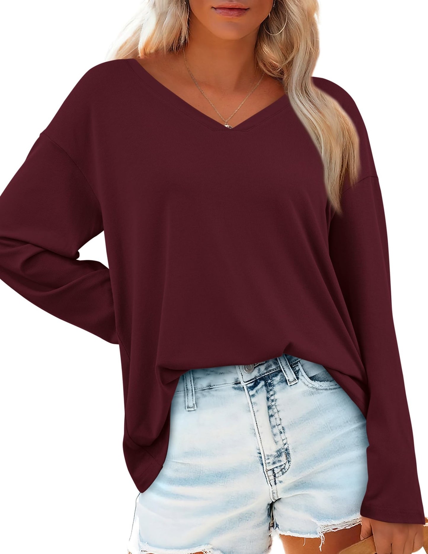 PRETTYGARDEN Women's Basic T Shirts Casual Long Sleeve V Neck Loose Fit Plain Tunic Tees Tops Blouse (Wine Red,Large) - Bella Blue Styles